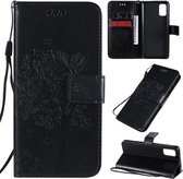 Voor Samsung Galaxy A41 Tree & Cat reliÃ«fpatroon Horizontale flip lederen tas met houder & kaartsleuven & portemonnee & draagkoord (zwart)