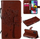 Voor Samsung Galaxy A51 5G Tree & Cat reliÃ«fpatroon Horizontale flip lederen tas met houder en kaartsleuven & portemonnee en draagkoord (koffie)