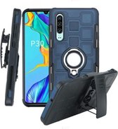 Voor Huawei P30 3 in 1 Cube PC + TPU beschermhoes met 360 graden draaien zilveren ringhouder (marineblauw)