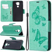Voor Xiaomi Redmi Note 9 Twee vlinders ReliÃ«fpatroon Horizontale flip lederen tas met houder en kaartsleuf en portemonnee en draagkoord (groen)