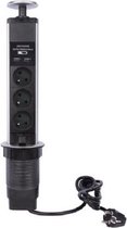 Perel Pop-upstekkerdoos, 3 stopcontacten met penaarde (type E), 2 USB-poorten, montagegat 71 mm, gebruik binnenshuis, zwart/grijs