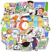 Wetenschap/Scheikunde/Natuurkunde, Exacte vakken stickers - 50 afbeeldingen van Einstein, Tesla, passer, wereldbol, formule, school items