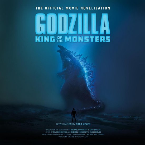 Boekomslag: Godzilla King of the Monsters, officiële film-novelisatie, met Godzilla en een kleine figuur op een donkere, mistige achtergrond.