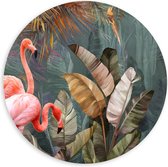 Forex Wandcirkel - Foto van Flamingo's tussen de Bladeren - 120x120cm Foto op Wandcirkel (met ophangsysteem)