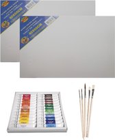 Schilders verf set van 24x tubes acrylverf/hobbyverf 12 ml + 2x doeken van 40 x 60 cm + 5x kwasten - basic kleuren in knijptubes