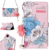 Voor Sony Xperia L1 Roze Achtergrond Blauw Roos Patroon Horizontale Flip Leren Case met Houder & Kaartsleuven & Parel Bloem Ornament & Ketting