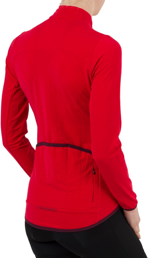 Damesfietsshirt met lange mouwen in rood, met achterzakken en donkerrode boord.