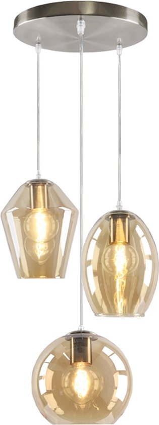Olucia Lazaro - Design Hanglamp - 3L - Glas/Metaal - Amber;Chroom - Rond - 30 cm