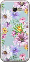Samsung Galaxy A5 2017 siliconen hoesje - Mint bloemen - Soft Case Telefoonhoesje - Blauw - Bloemen