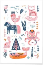 JUNIQE - Poster Patchwork Animals -13x18 /Roze & Wit