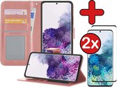 Hoesje Geschikt voor Samsung S20 Ultra Hoesje Book Case Hoes Portemonnee Cover Walletcase Met 2x Screenprotector - Hoes Geschikt voor Samsung Galaxy S20 Ultra Hoes Bookcase Hoesje - Rosé goud