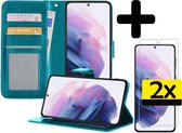 Samsung S21 Hoesje Book Case Met 2x Screenprotector - Samsung Galaxy S21 Case Wallet Hoesje Met 2x Screenprotector - Turquoise