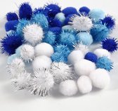 Pompoms, d 15+20 mm, lichtblauw, donkerblauw, wit, 48 div/ 1 doos