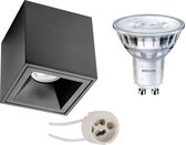 Opbouwspot Set - Pragmi Cliron Pro - GU10 Fitting - Opbouw Vierkant - Mat Zwart - Verdiept - 90mm - Philips - SceneSwitch 827 36D - 1.5W-5W - Warm Wit 2200K-2700K - Dimbaar - BSE