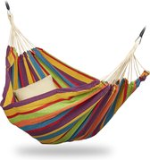 Relaxdays 2 persoons hangmat - tot 300 kg - tweepersoons - buiten - katoen - opbergtas - geel/groen/blauw/rood