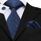 Luxe Blauwe stropdas met pochet en manchetknopen met verfijnd ruitpatroon (32100)
