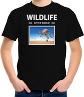 Dieren foto t-shirt Kangaroe - zwart - kinderen - wildlife of the world - cadeau shirt Kangaroes liefhebber M (134-140)