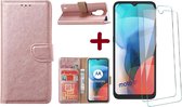 Geschikt voor Moto E7 hoesje - Geschikt voor Moto E7 wallet case portemonnee - Geschikt voor Moto E7 bookcase cover Rose Goud met - Geschikt voor Moto E7 screenprotector / 2 pack tempered glass