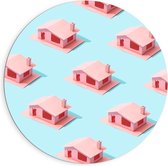 Dibond Wandcirkel - Roze Huisjes met Blauwe Achtergrond - 90x90cm Foto op Aluminium Wandcirkel (met ophangsysteem)