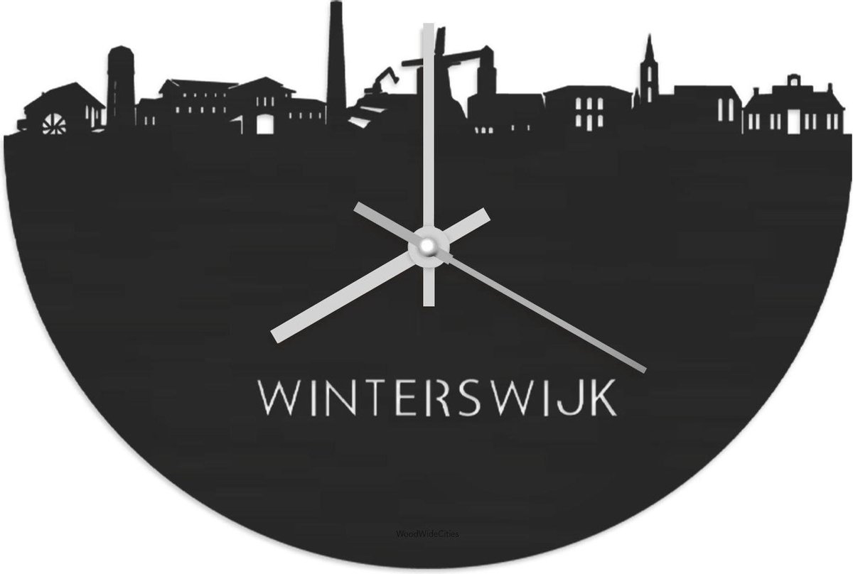 Skyline Klok Winterswijk Zwart hout - Ø 40 cm - Stil uurwerk - Wanddecoratie - Meer steden beschikbaar - Woonkamer idee - Woondecoratie - City Art - Steden kunst - Cadeau voor hem - Cadeau voor haar - Jubileum - Trouwerij - Housewarming -