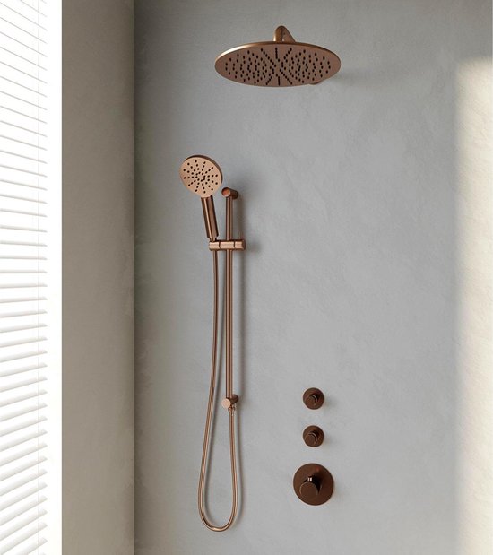 Inbouw Regendouche Set Brauer Copper Edition Gebogen Wanduitloop Ronde Hoofddouche 30 cm Met Twee Stopkranen Glijstang en Handdouche 3 Standen Koper