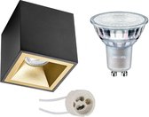 PHILIPS - Opbouwspot Set - MASTER 927 36D VLE - Proma Cliron Pro - GU10 Fitting - DimTone Dimbaar - Opbouw Vierkant - Mat Zwart/Goud - 4.9W - Warm Wit 2200K-2700K - Verdiept - 90mm