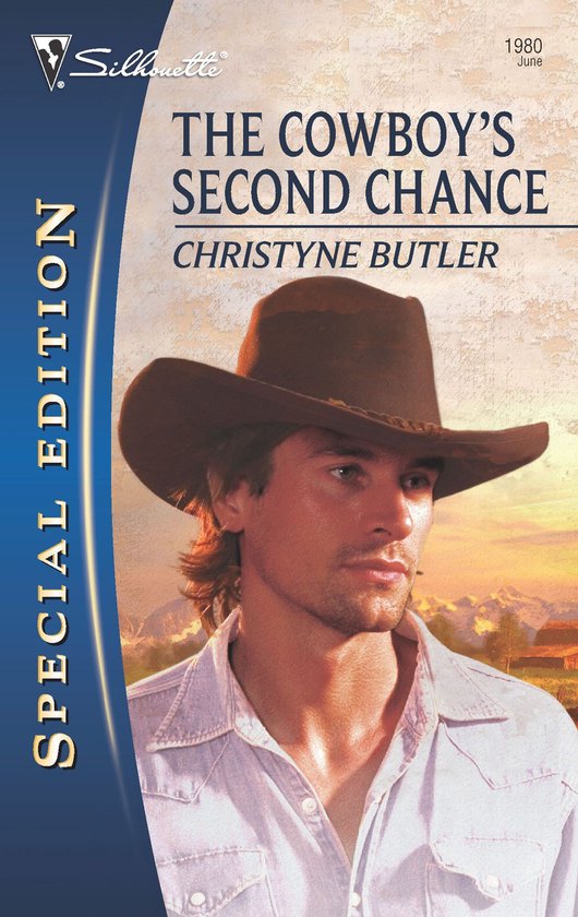 Silhouette Special Edition 'The Cowboy's Second Chance' door Christy's Butler. Cowboy met bruine hoed, denim overhemd. Achtergrond van bergen en boerderij.
