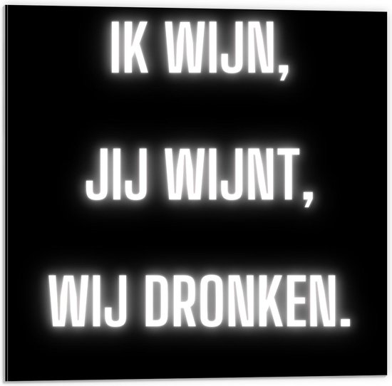 Dibond - Tekst: ''Ik Wijn, Jij Wijnt, WIj dronken'' Neon Letters Wit/Zwart - 50x50cm Foto op Aluminium (Wanddecoratie van metaal)