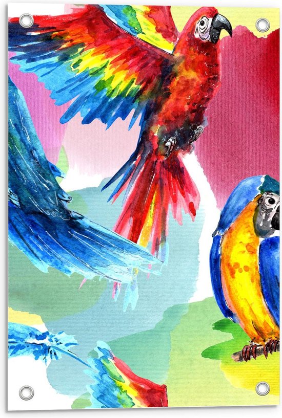 Tuinposter – Geschilderde Papagaaien - 40x60cm Foto op Tuinposter  (wanddecoratie voor buiten en binnen)