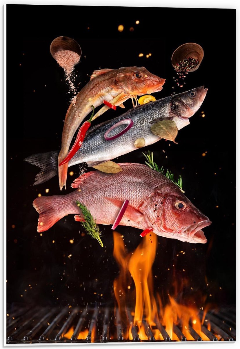 Forex - Vissen met Specerijen op de BBQ - 40x60cm Foto op Forex