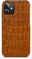 Hoesje iPhone 12  Met Kroko Print Lichtbruin Leer – Apple iPhone 12  Hoesje Cognac Kroko Print Leer