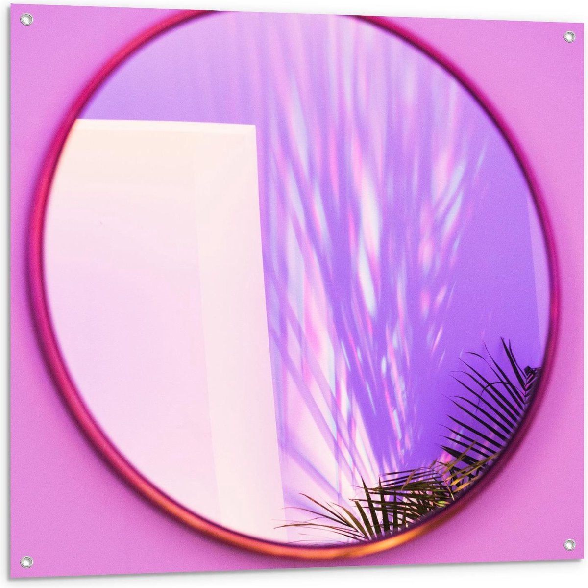 Tuinposter – Spiegel met Roze Rand en Muur - 100x100cm Foto op Tuinposter (wanddecoratie v