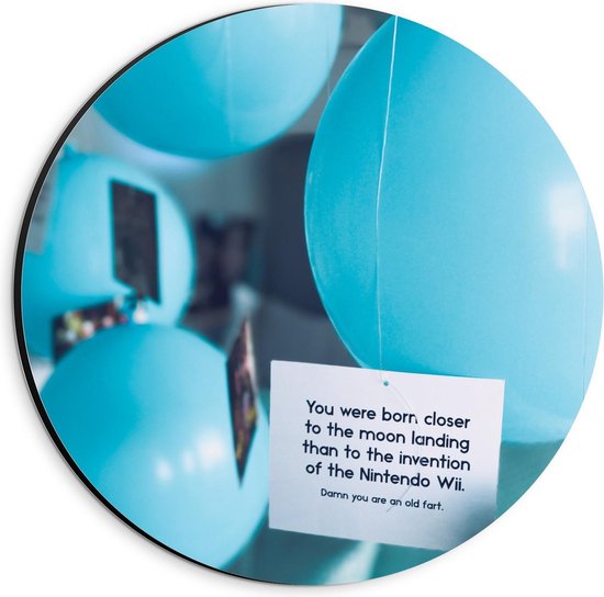Dibond Wandcirkel - Blauwe Ballonnen met Kaartjes - 20x20cm Foto op Aluminium Wandcirkel (met ophangsysteem)