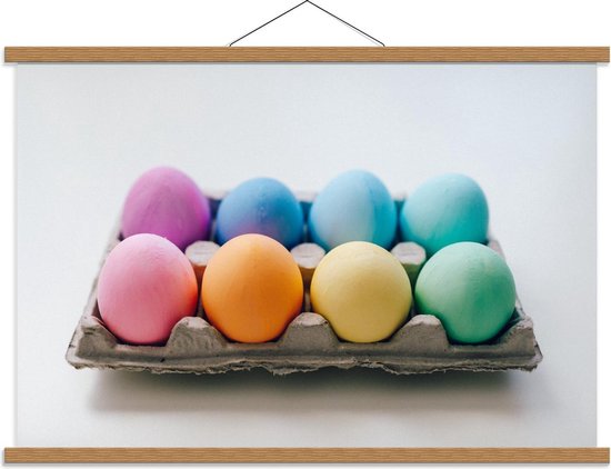 Schoolplaat – Gekleurde Eieren in Eierdoos - 90x60cm Foto op Textielposter (Wanddecoratie op Schoolplaat)