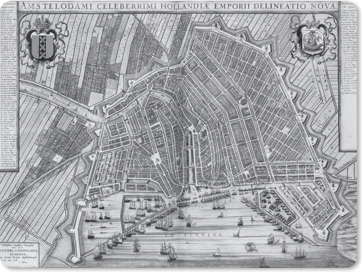 Muismat Historische stadskaarten - Historische zwart witte stadskaart van het Noord-Hollandse Amsterdam muismat rubber - 23x19 cm - Muismat met foto