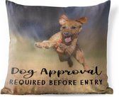 Buitenkussens - Tuin - Honden quote 'Dog approval requird before entry' tegen een achtergrond met een spelende hond - 45x45 cm