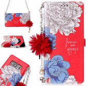 Voor Galaxy Note 8 rode achtergrond Chrysanthemum patroon horizontale Flip lederen tas met houder & kaartsleuven & Pearl Flower Ornament & ketting