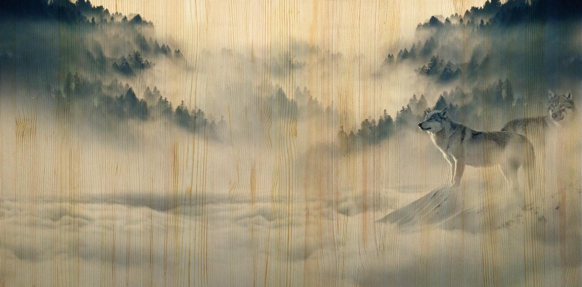 Schilderij - landschap - wolf - Collectie european wildlife - Hout met leren lussen - 98x48cm
