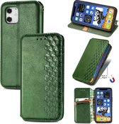 Voor iPhone 12 5.4 inch Cubic Grid Pressed Horizontal Flip Magnetic PU Leather Case met houder & kaartsleuven & portemonnee (groen)