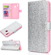 Voor Samsung Galaxy M20 Glitterpoeder Horizontaal Flip Leren Case met Kaartsleuven & Houder & Fotolijst & Portemonnee (Zilver)