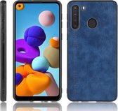 Voor Galaxy A21 schokbestendig naaien koe patroon Skin PC + PU + TPU Case (blauw)