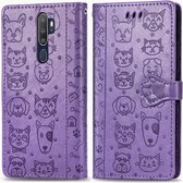 Voor OPPO A5 (2020) / A9 (2020) Leuke kat en hond in reliÃ«f gemaakte horizontale lederen flip-hoes met houder & kaartsleuven & portemonnee & cartoonsluiting & lanyard (paars)