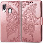 Butterfly Love Flowers Embossing Horizontale Flip Leather Case voor Galaxy A40, met houder & kaartsleuven & portemonnee & lanyard (rose goud)