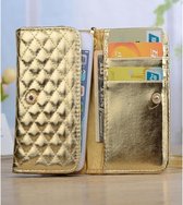 Luxe telefoon hand tasje (L) met gestikt ruit patroon, wallet cover met Chanel patroon, goud , merk i12Cover