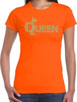 Koningsdag Queen t-shirt oranje met gouden letters en kroon dames - Koningsdag kleding / outfit XS