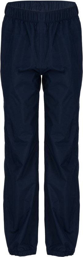 Un pantalon de pluie bleu marine pour enfant, debout.