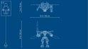 Blauwe technische bouwtekening van de mech met afmetingen in inches en centimeters.