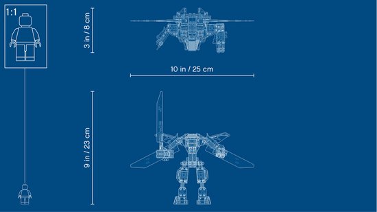 Blauwe technische bouwtekening van de mech met afmetingen in inches en centimeters.