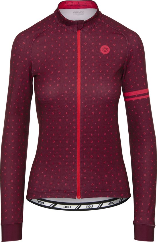 AGU longsleeve fietstop dames, bordeauxrood met all-over 'love' patroon en rode strepen op de mouw. AGU logo op de borst.
