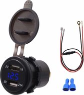 Universele auto dubbele poort USB-oplader stopcontact adapter 3.1A 5V IP66 met LED digitale voltmeter + 60cm kabel (blauw licht)